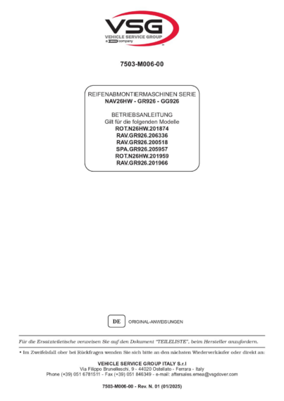 Tyre changer ROTN26HW–RAVGR926 SPAGR926 IM 7503 M006 00 VSG rev01  
