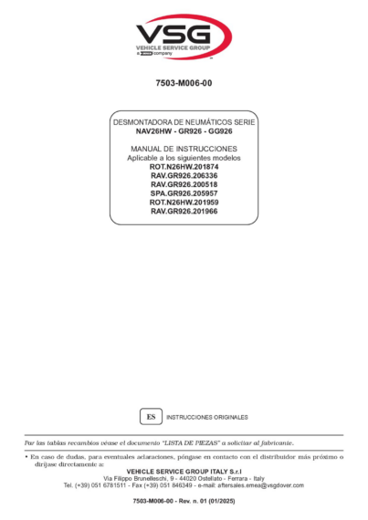 Tyre changer ROTN26HW–RAVGR926 SPAGR926 IM 7503 M006 00 VSG rev01  