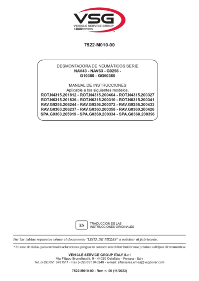 Tyre changer ROTN4315 ROTN6315 RAVG9256 RAVG0360 SPAG0360 IM 7522 M010 00 VSG rev00  2023 
