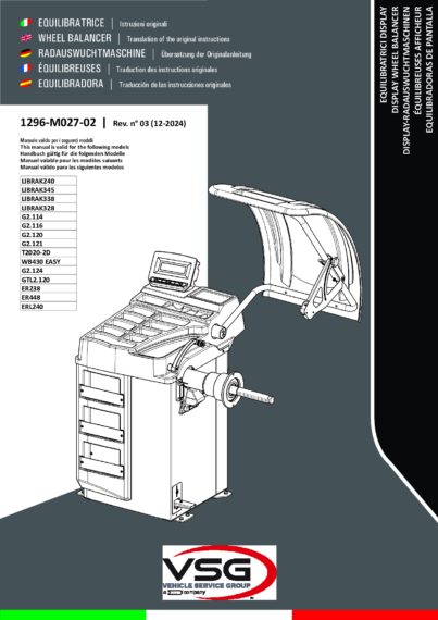 Wheel Balancers LIBRAK240 LIBRAK345 LIBRAK338 LIBRAK328 G2114 G2116 G2120 G2121 T2020 2D WB430 EASY G2124 GTL2120 ER328 ER448 ERL240 IM 1296 M027 02 VSG rev03 multi 2024 