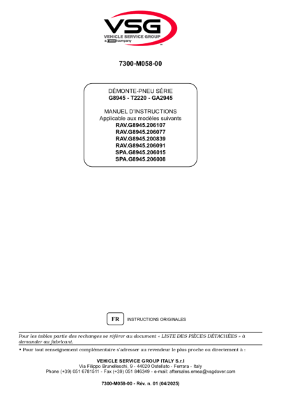 Tyre changer RAVG8945 SPAG8945 SP 7300 M058 00 VSG rev01  