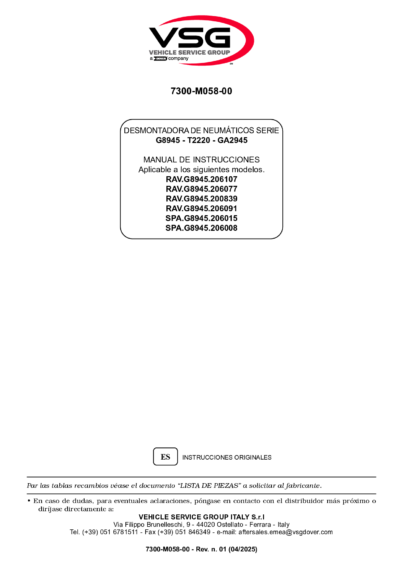 Tyre changer RAVG8945 SPAG8945 SP 7300 M058 00 VSG rev01