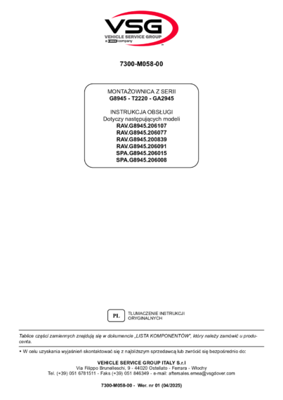Tyre changer RAVG8945 SPAG8945 SP 7300 M058 00 VSG rev01 pl