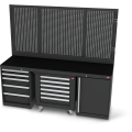 Workbench set 5+6 drawers, 1-door, 3 wall panels, 1 tool trolley | RAL 9005 | 2100 x 630 x 2000 mm