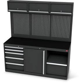 Workbench set 5 drawers, 1-door, 1 waste bin cabinet, 3 wall panels and 3 wall units | RAL 9005 | 1800 x 630 x 2000 mm