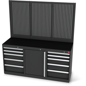 Workbench set  drawers, 1-door, 3 wall panels | RAL 9005 | 1800 x 630 x 2000 mm