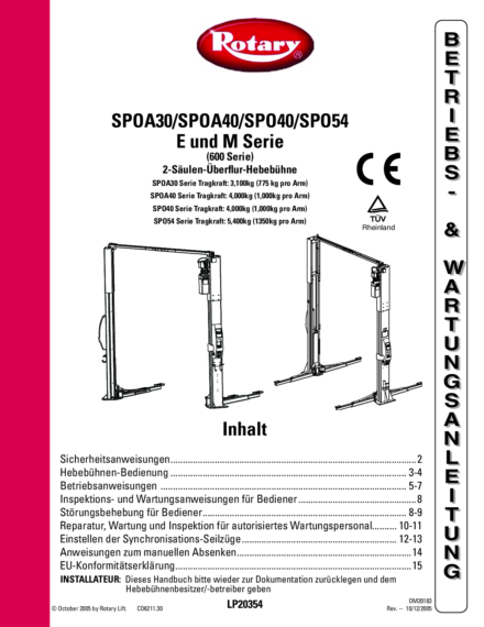 2 post lift spoa 30 40 spo 40 54 m e 600 with inspection book  om20183  2005  