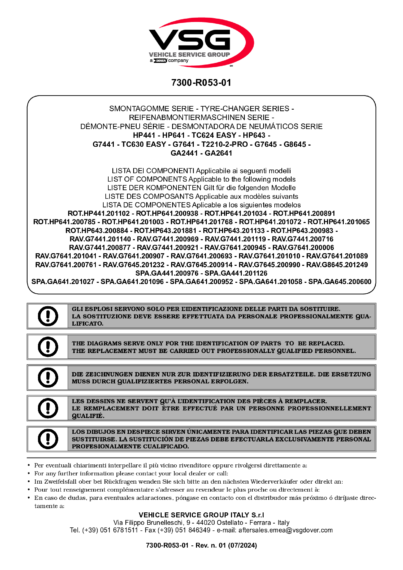 Tyre changer hp441 hp641 tc624 hp643 g7441 tc630 g7641 t2210 2 pro g7645 g8645 ga2441 ga2641 ga2645  7300 r053 01 vsg rev01 5l multi 