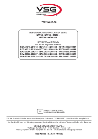 Tyre changer ROTN4315 ROTN6315 RAVG9256 RAVG0360 SPAG0360 IM 7522 M010 00 VSG rev00  2023 