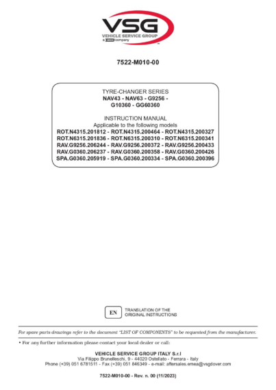 Tyre changer ROTN4315 ROTN6315 RAVG9256 RAVG0360 SPAG0360 IM 7522 M010 00 VSG rev00  2023 
