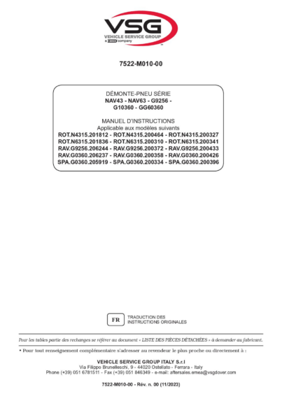 Tyre changer ROTN4315 ROTN6315 RAVG9256 RAVG0360 SPAG0360 IM 7522 M010 00 VSG rev00  2023 