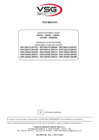 Tyre changer ROTN4315 ROTN6315 RAVG9256 RAVG0360 SPAG0360 IM 7522 M010 00 VSG rev00  2023 
