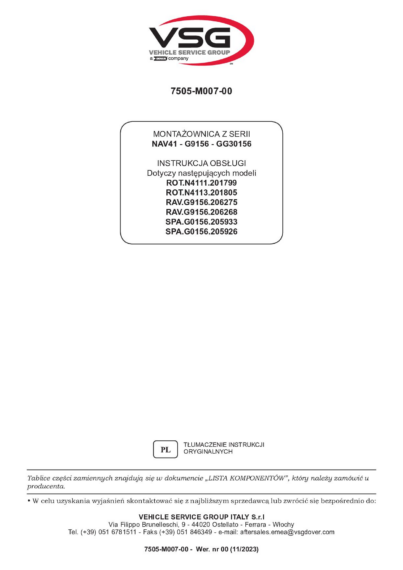 Tyre changer ROTN4111 N4113–RAVG9156 SPAG0156 IM 7505 M007 00 VSG rev00 pl 