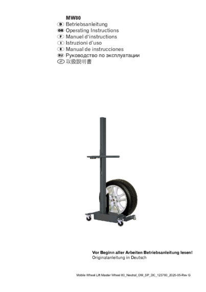 Mobile Wheel Lift Master Wheel 80 Neutral OM SP DC 123760  Rev G
